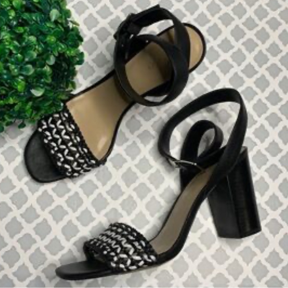 NWOB Ann Taylor Black & White Braided Block Heel Sandals with Ankle Strap Size 7